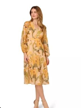 NWT Adrianna Papell Floral Organza Midi Dress 12